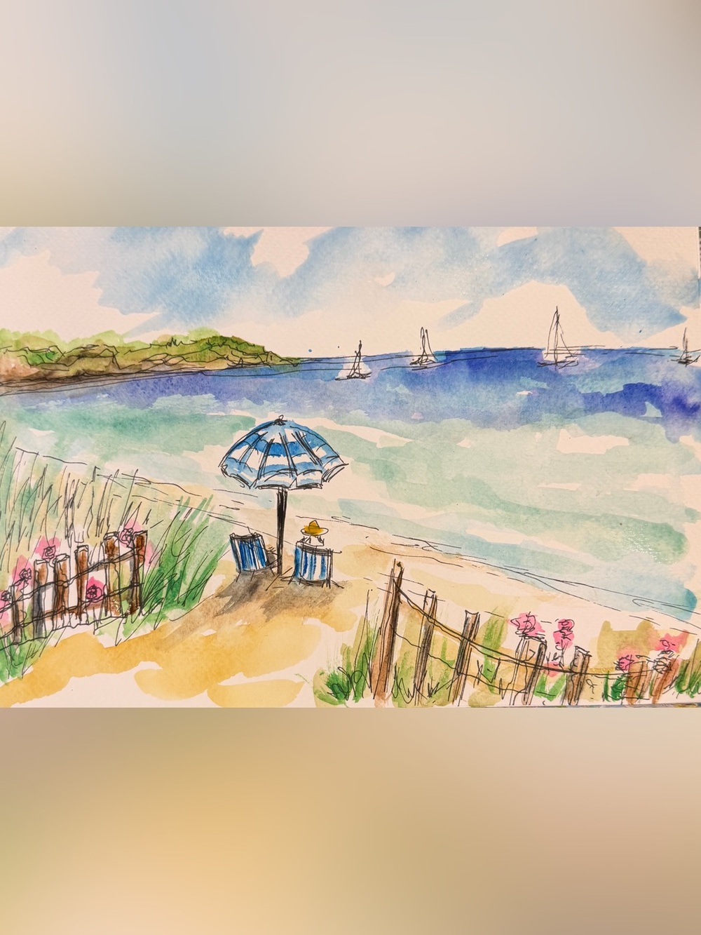Watercolor illustration beach hamptons coastal art
